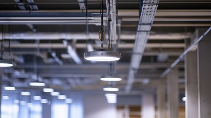 Interior view of a ceiling with pipes lights and ventilation system.