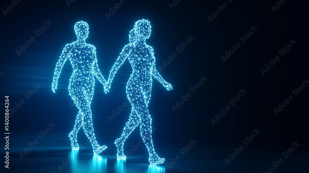 Poster digital representation of two figures walking hand in hand against a dark background using glowing p
