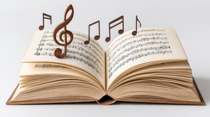 Fototapeta premium Antique Book with Brown Treble Clef and Musical Notes on White Background