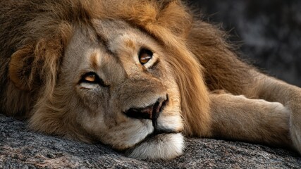 Naklejka premium Close-up of a majestic male lion resting on a rock, its amber eyes gazing up.