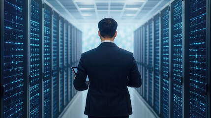 Professional man analyzes data on tablet in server room with cloud technology visuals during modern data management task