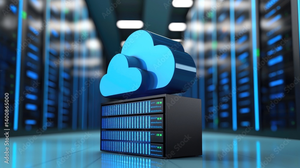 Poster 3D cloud symbol on a glowing server tower in a high-tech data center hallway, representing cloud computing, server storage, and modern digital infrastructure