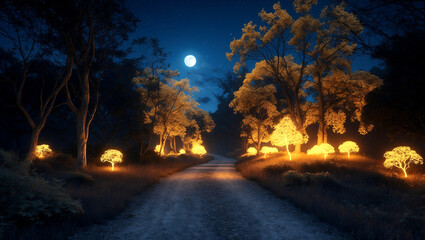 Fototapeta premium Moonlit surreal pathway through glowing enchanted forest