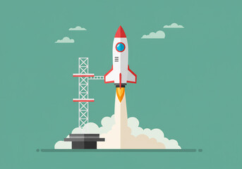 Fototapeta premium Red and White Rocket Launching from Platform Against Teal Background