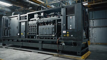 Large industrial backup power generator equipment in a factory with pipes, mechanical and electrical components, and warning signs.