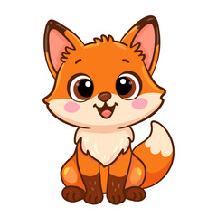 Vector illustration of a sweet cartoon fox with big eyes and fluffy fur, smiling happily. Perfect for kids products, cards, prints, and educational materials