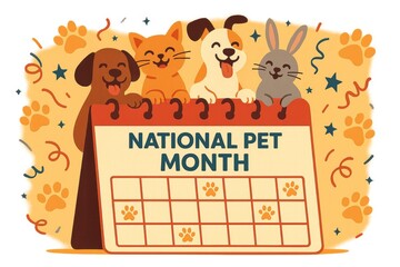 illustration for National Pet Month showing a calendar with joyful pets, paw icons, and celebratory elements, symbolizing awareness and appreciation
