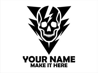Illustration striking black and white graphic of a skull with lightning bolts on a triangular backdrop. Danger concept,  tatoo skull and skull vector logo design