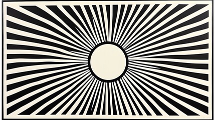 large, central circle with radiating lines in a monochrome palette, creating a bold focal point in the center of the background. central circle, radiating lines, monochrome palette, bold design, 