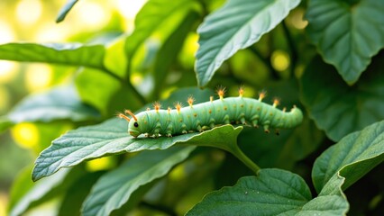 Fototapeta premium Vibrant Green Caterpillar Crawling on Leaf Surrounded by Lush Foliage and Soft Light in Natural Environment