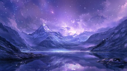 Magical Purple Mountain Lake Night Sky Landscape