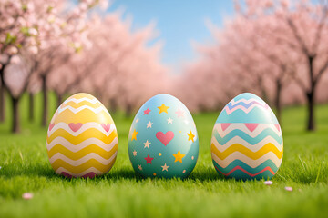 Three colorful decorated Easter eggs on green grass with blooming cherry trees spring holiday concept festive celebration background