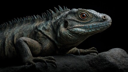 Obraz premium Detailed close-up portrait of an iguana with textured skin, set on rock.
