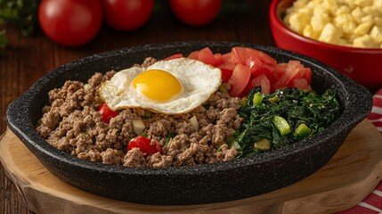 Hearty ground beef dish with fried egg and vegetables