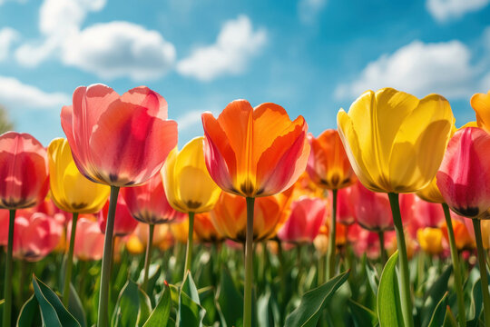 Vibrant red tulips blooming in a field under clear blue skies, a cheerful sight in the spring.