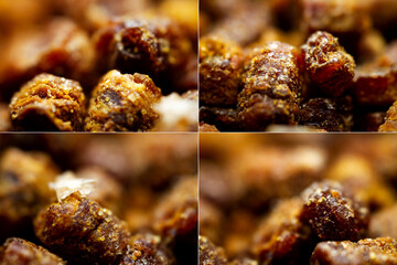Collection of images with extreme close up of bee bread. Selective focus. Shallow depth of field