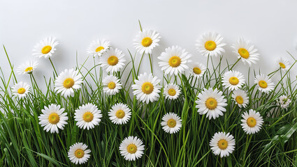 Fototapeta premium Fresh daisies growing in green grass on white background