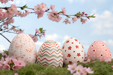 Decorated Easter eggs nestled in green grass with blooming cherry blossoms a festive spring holiday concept