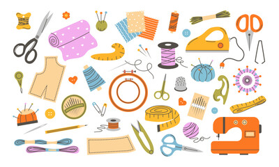 Needlework and embroidery tools set. Threads, fabric, scissors, pins, needles, sewing machine, measuring tape.