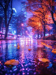 Rainy cityscape scene with vibrant reflections and autumn foliage accents