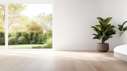 Modern, minimalist interior with a view.  Bright, airy room with large windows showcasing a lush garden.  Simple, clean design