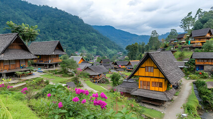Scenic Village with Traditional Houses in Hilly Landscape with Lush Greenery and Cloudy Sky in a Mountainous Region Showing Rural Asian Architecture