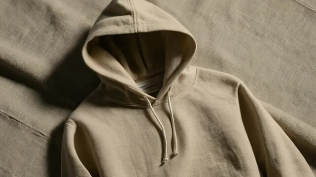 Seamless loop video of folded hoodie fashion mockup on textured linen background for online store display and premium streetwear promotional use
