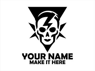 Illustration striking black and white graphic of a skull with lightning bolts on a triangular backdrop. Danger concept,  tatoo skull and skull vector logo design