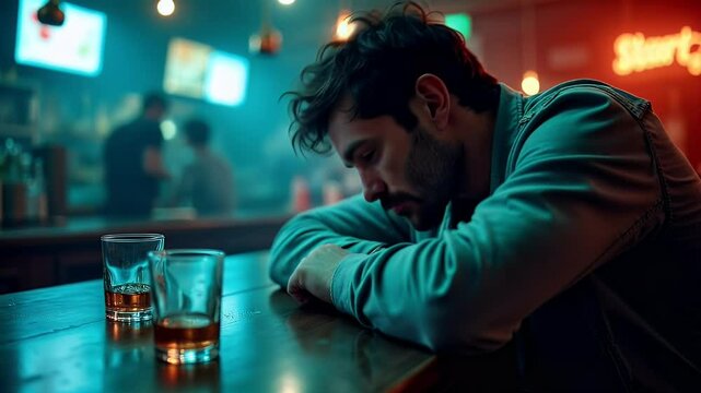 Depressed man sleeping on the bar counter with two glasses of alcohol in front of him, suffering from alcohol addiction and depression. Unhealthy way of dealing with difficult emotions