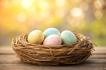 Easter eggs in a nest on a wooden table soft bokeh background with sunlight spring holiday celebration concept