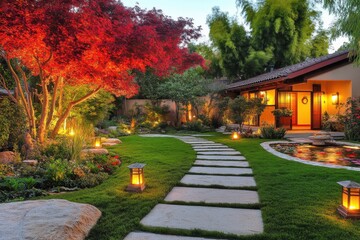 Fototapeta premium Illuminated garden path leading to a house with a pond and vibrant foliage at twilight hour scenery