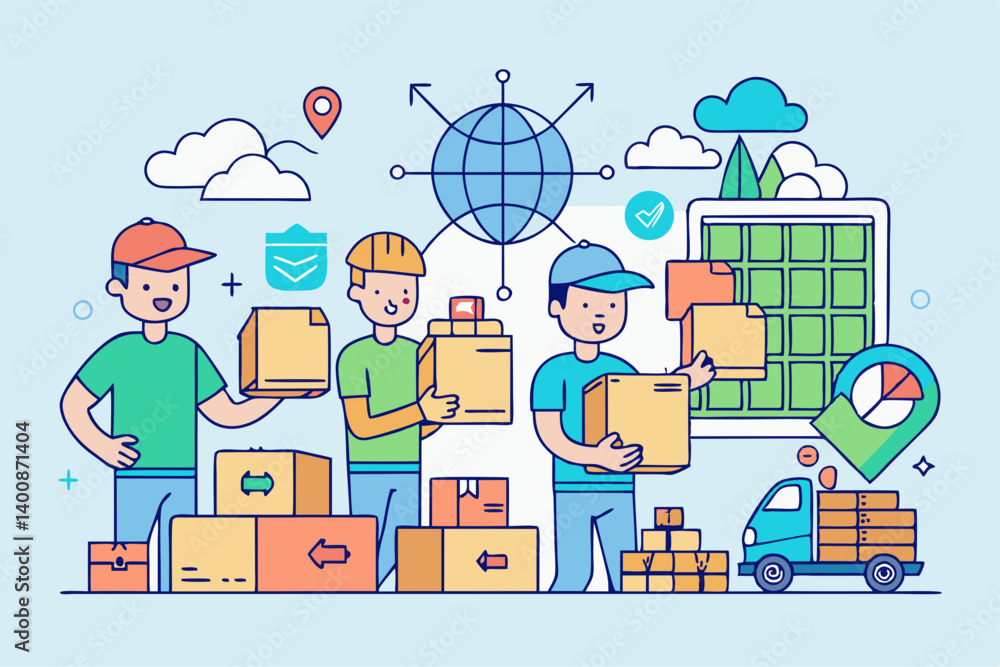 Poster line art vector of delivery team sorting packages for local and international shipping