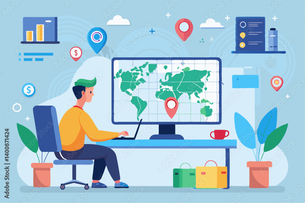 Poster vector scene of logistics manager tracking delivery routes on digital map screen in office