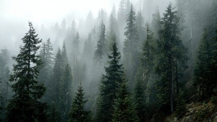 Misty forest landscape with coniferous trees in a dense, atmospheric setting.