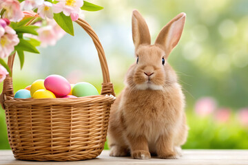 Cute fluffy bunny rabbit with Easter eggs in a basket spring holiday concept festive celebration isolated on blurred background