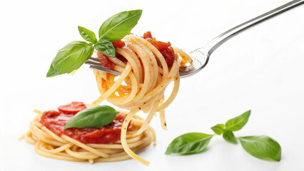 Spaghetti Elegance on a Fork, Basil-Tomato Symphony, Savory Pasta Delight, Artful Spaghetti Presentation, Italian Cuisine Masterpiece, Fresh Herb Pasta Magic, Forkful of Flavor, Gourmet Noodles 