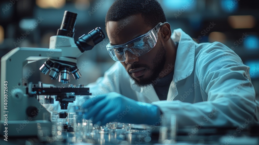 Aufkleber scientist in laboratory analyzing samples under microscope with focus