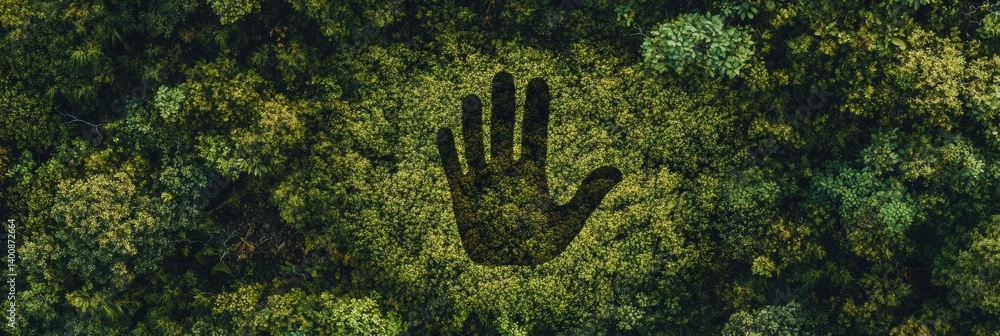 Poster creative handprint formed by forest trails and tree lines symbolizing human connection to nature in 