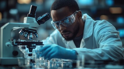 Scientist in Laboratory Analyzing Samples Under Microscope with Focus