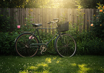 Fototapeta premium Vintage Dark Green Bicycle Leaned Against Wooden Fence in a Sunlit Garden