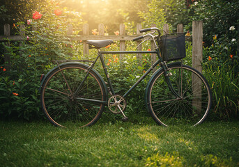 Obraz premium Vintage Dark Green Bicycle in a Sunny Flower Garden