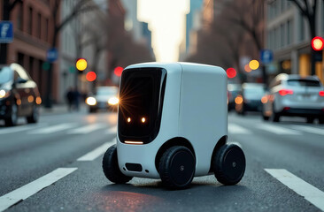 A small autonomous delivery robot drives through city streets and sidewalks