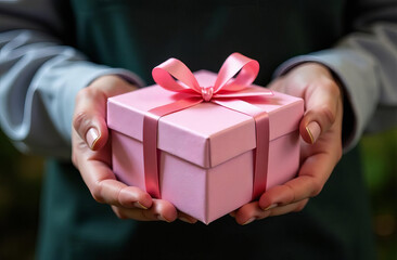 In the hands of a pink gift box with a bow, a box in close-up