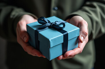 A man holds a blue gift box in his hands, a box in close-up