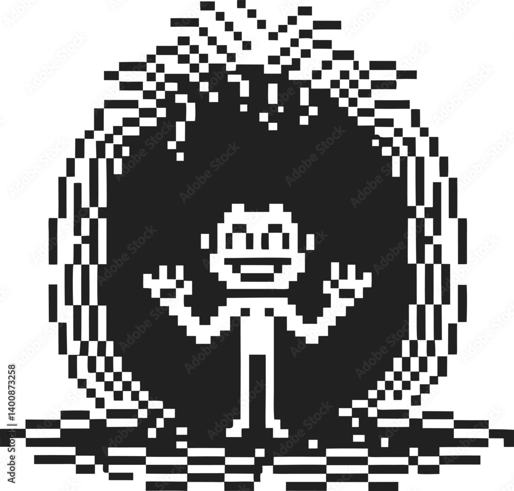 Poster pixel art character exploring retro style, black and white pixelated design with glitch effect