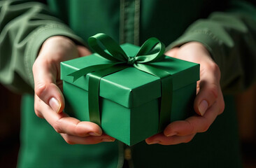 A man is holding a gift box, a green box in close-up