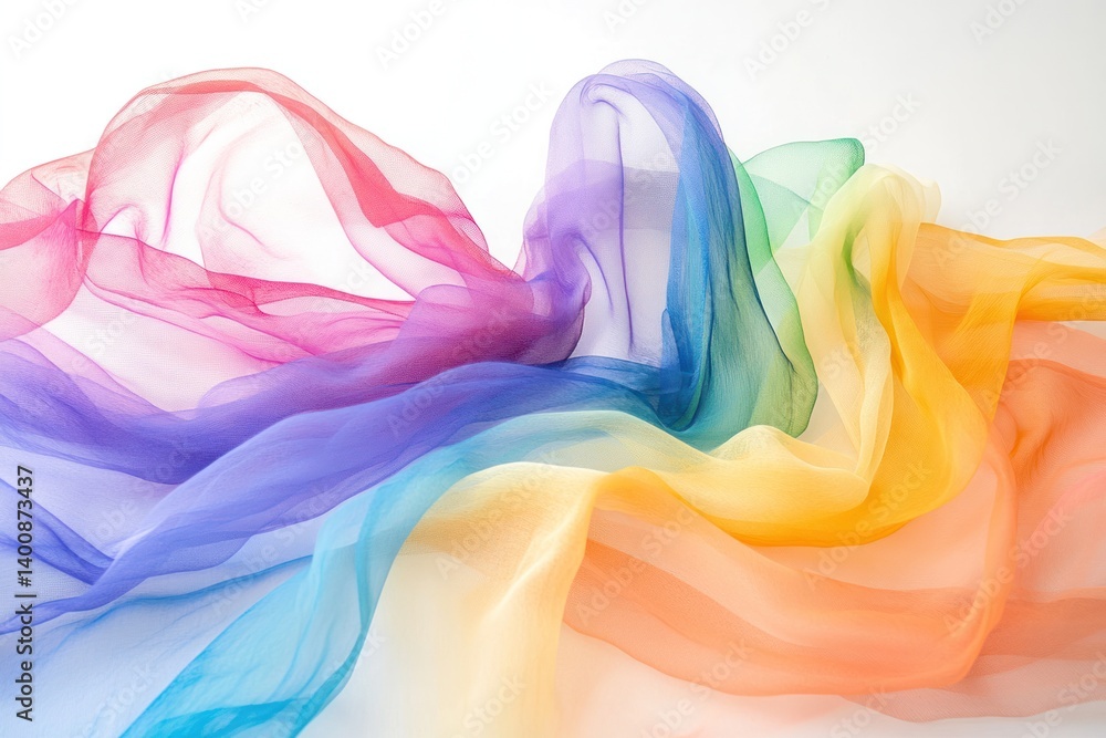 Poster colorful fabric cascade: a vibrant display of flowing fabric in an array of rainbow colors, showcasi