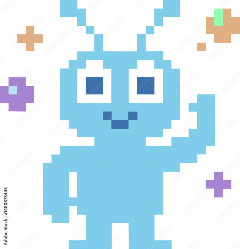 Poster pixel art robot emoticon waving hello with colorful pixels and antennae