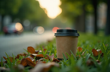 A cardboard cup of coffee on the street among the trees and grass