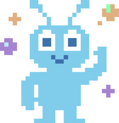 Pixel art robot emoticon waving hello with colorful pixels and antennae